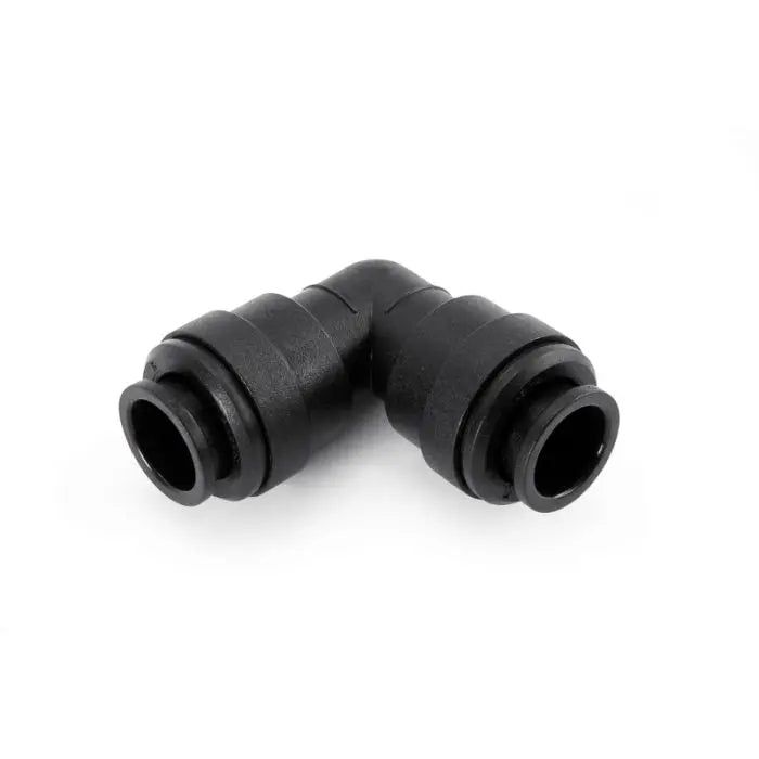 Black plastic elbow fitting on a white background