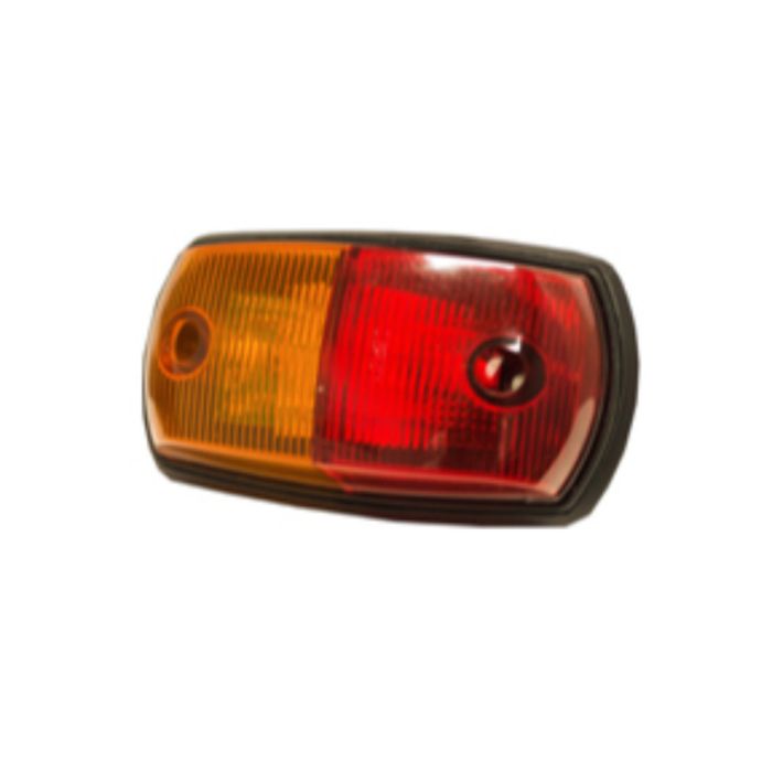 A red and amber LED side marker lamp designed for vehicles.