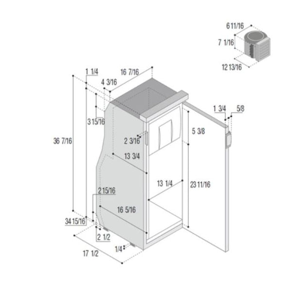 drawing of fridge and dimentisons