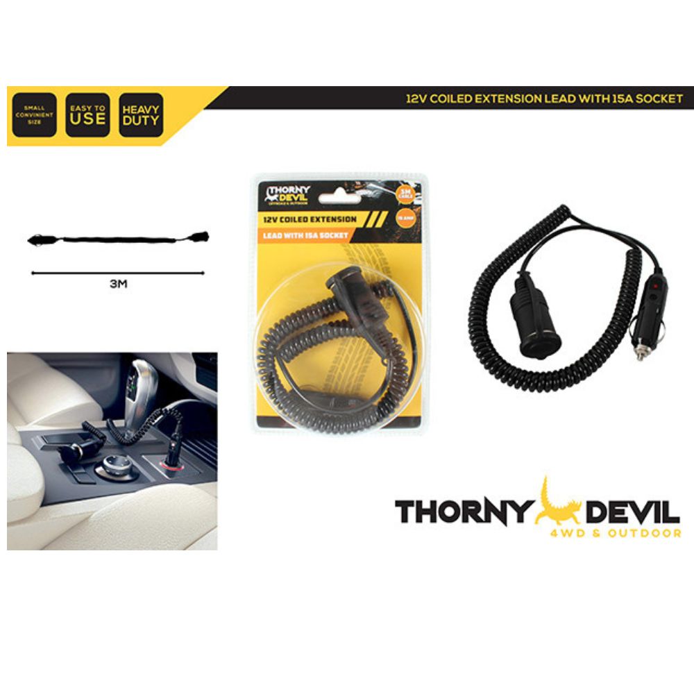 Thorny Devil 12V Coiled Extension Lead with 15A Spocket