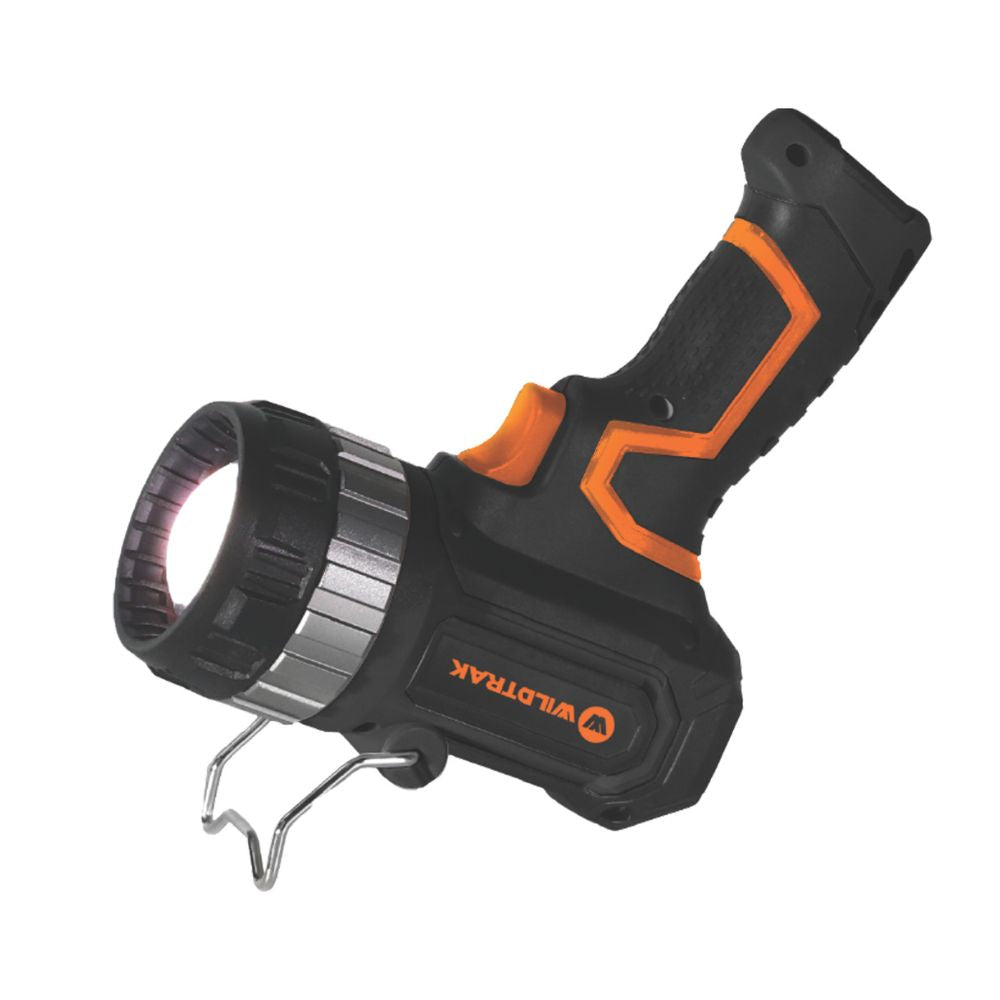 Black and orange flashlight with metal stand