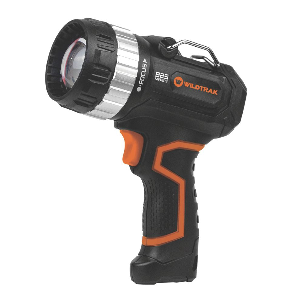 Black and orange flashlight with 'Wildtrak' branding on a white background