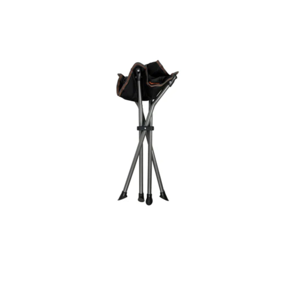 Black camping stool folded up
on a white background