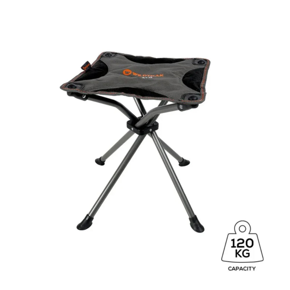 Compact folding stool with a brand logo on a white background