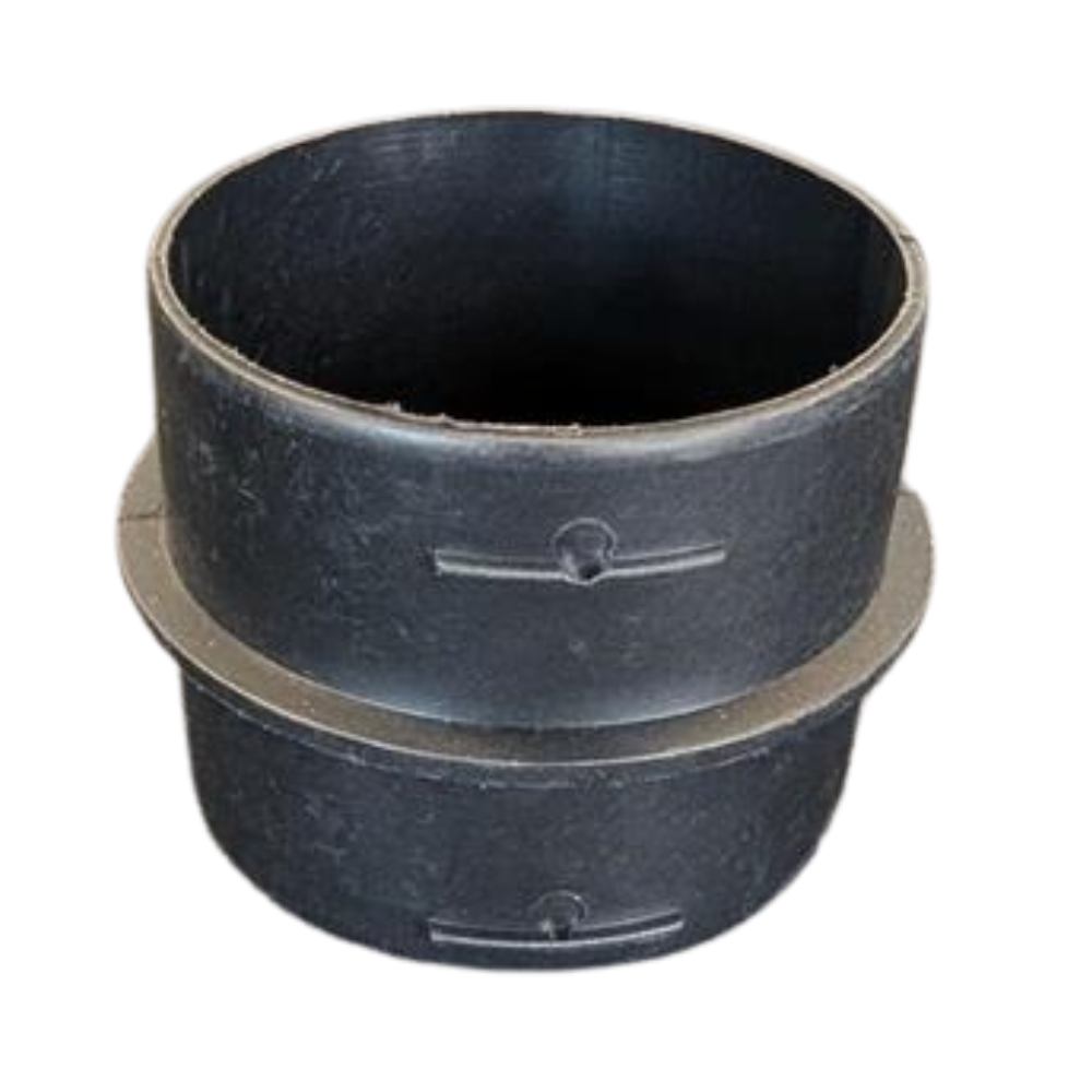 Black plastic pipe fitting on a white background