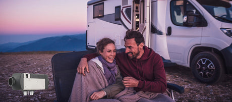 A couple keeping warm on a motorhome trip using a Webasto Diesel Heater