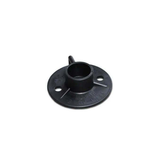 Black plastic pole base plate with central hole on a white background