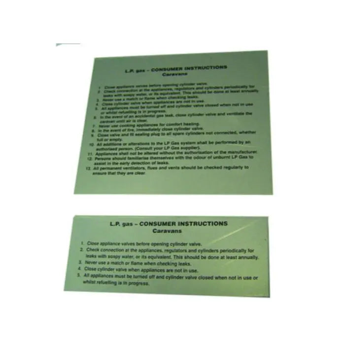 Lpg Consumer Instruction Plates (Caravan)