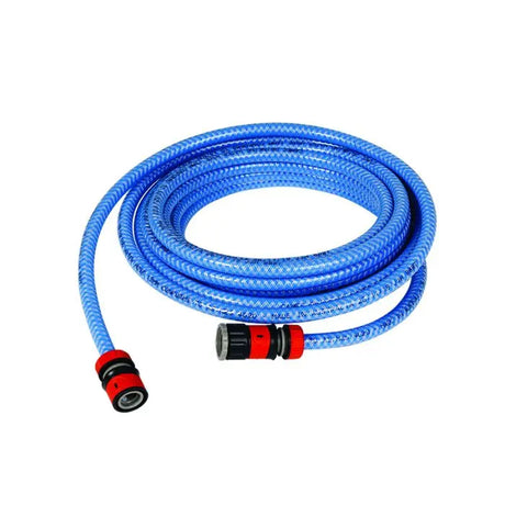 Coiled blue drinking water hose with black and red connectors on a white background