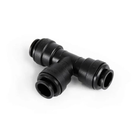 Black plastic T-shaped fitting on a white background