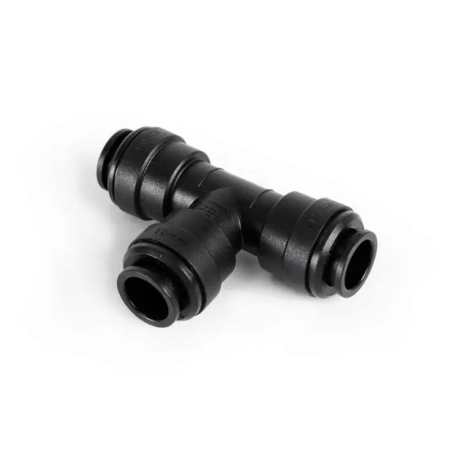 Black plastic T-shaped fitting on a white background