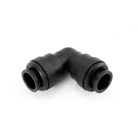 Black plastic elbow fitting on a white background