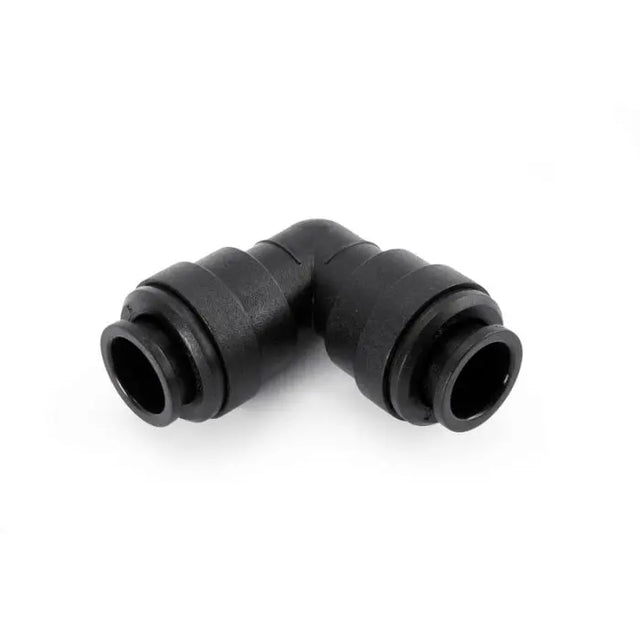 Black plastic elbow fitting on a white background