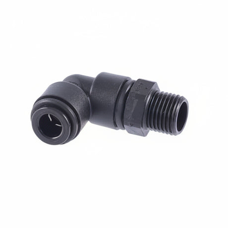 Black plumbing fitting on a white background