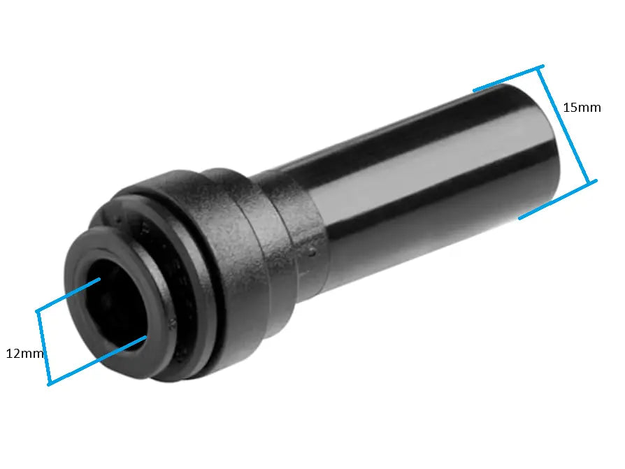 Black cylindrical component with measurements on a white background