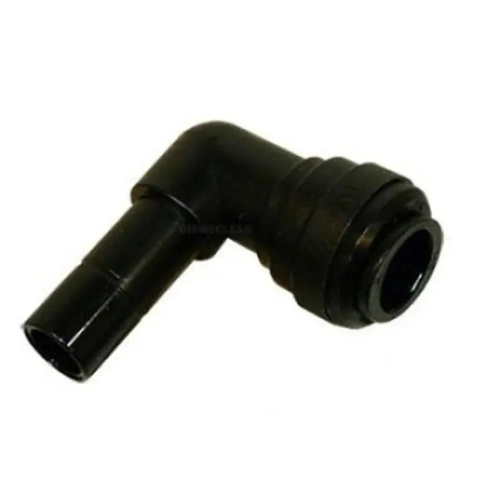 Black plastic elbow fitting on a white background