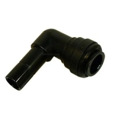 Black plastic elbow fitting on a white background