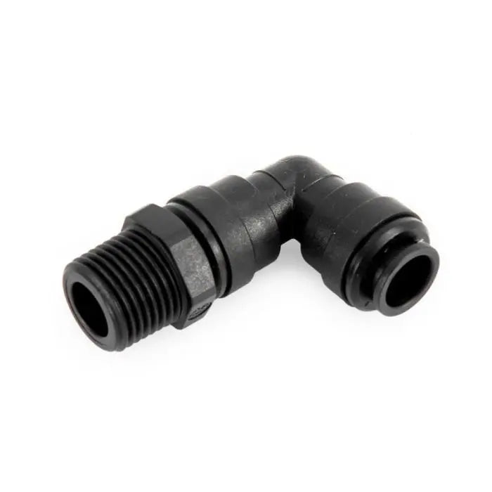 Black plastic elbow fitting on a white background