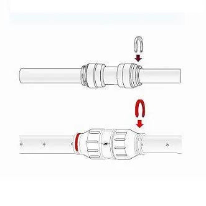 Illustration of a valve connection with a clip and red arrow on a white background