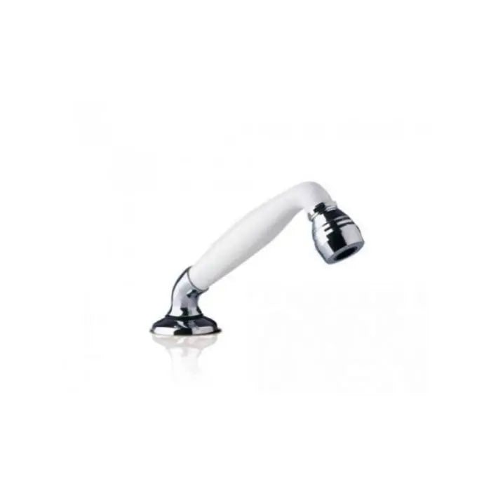 Shower head with white handle and chrome finish on a white background