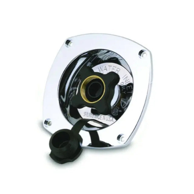 Chrome water level indicator with black cap on a white background