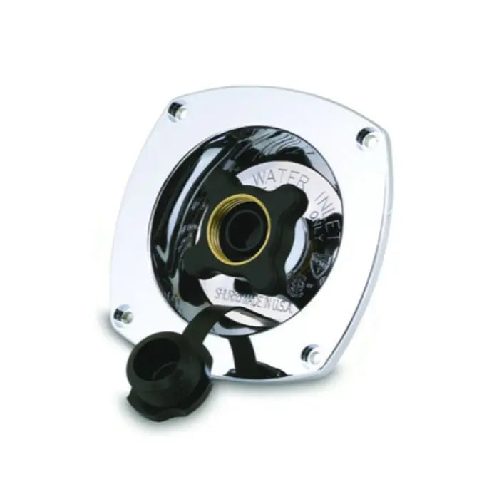 Chrome water level indicator with black cap on a white background