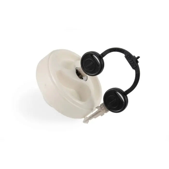 Retractable black keychain with white lockable water filler on a white background