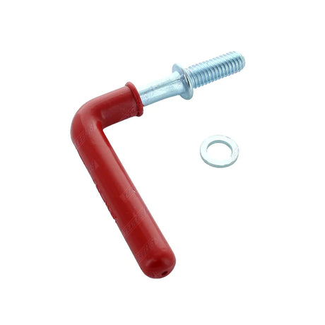 Red lever with a metal screw and washer on a white background