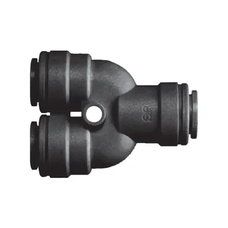 Black plastic plumbing fitting on a white background