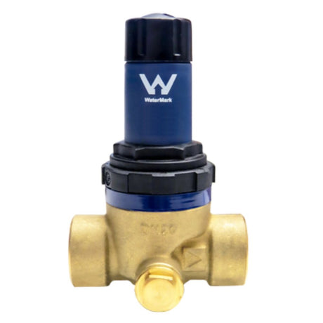 Brass valve with blue and black top on a white background