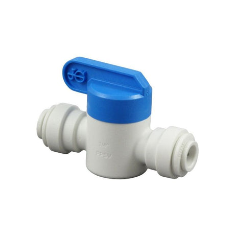 A white shut-off valve with a blue handle, designed for plumbing systems.