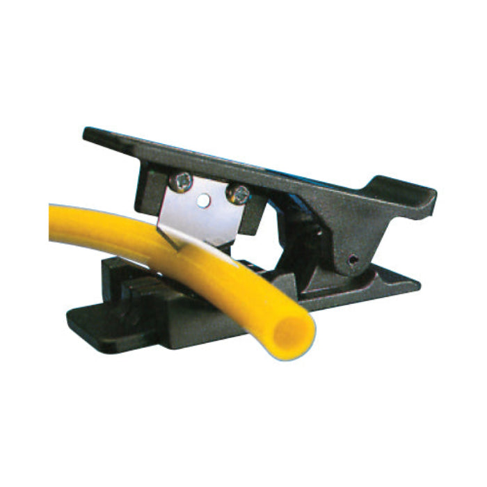 Black Plastic Tube Cutter with yellow hose on a white background