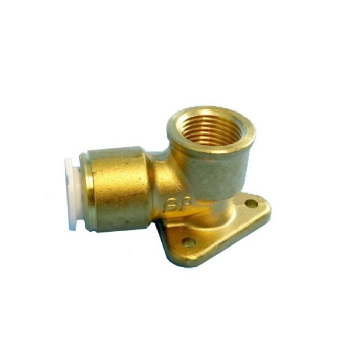 A gold-colored metal plumbing elbow fitting with a 15mm pope on one side and a 1/2 inch female BSP thread on the other, mounted on a backing plate.