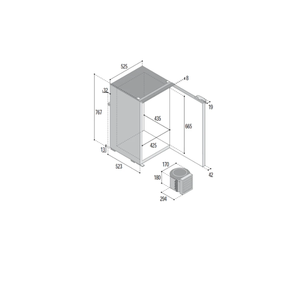 Technical dimension diagram of a fridge, shown in isometric view with measurement labels and a small inset of a separate component on a white background.