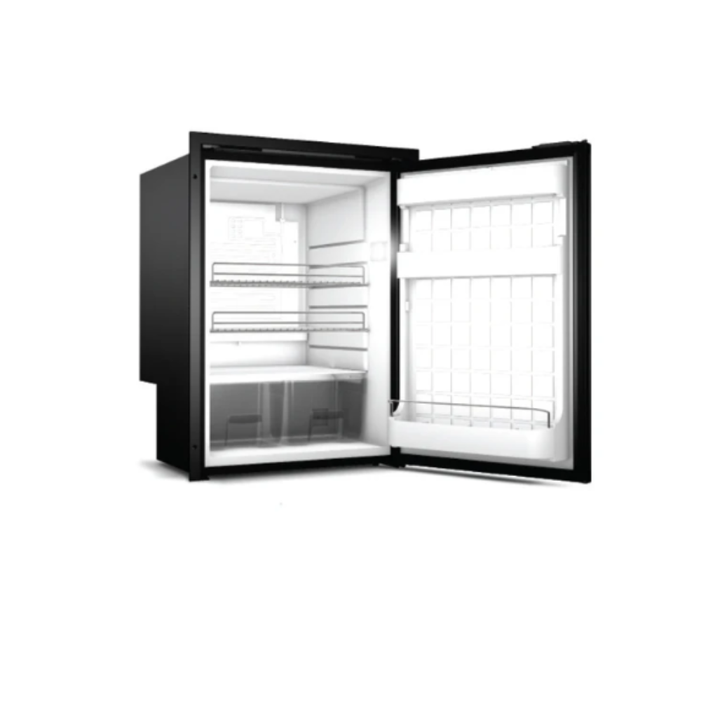A black mini refrigerator with its door open, showing a white interior with shelves and a lower drawer, set against a plain white background.