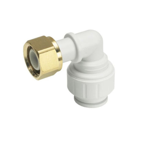 A white elbow tap connector with a gold-colored nut, designed for plumbing connections.