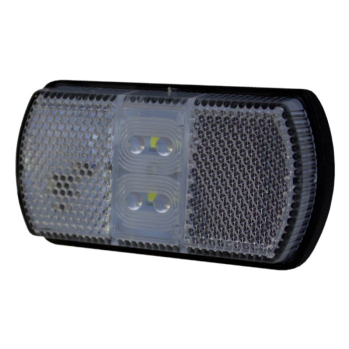 A white rectangular vehicle marker light with LED bulbs visible through the clear lens
