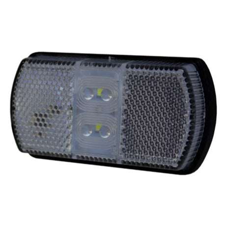 A white rectangular vehicle marker light with LED bulbs visible through the clear lens