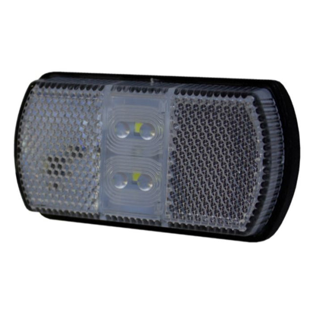 A white rectangular vehicle marker light with LED bulbs visible through the clear lens