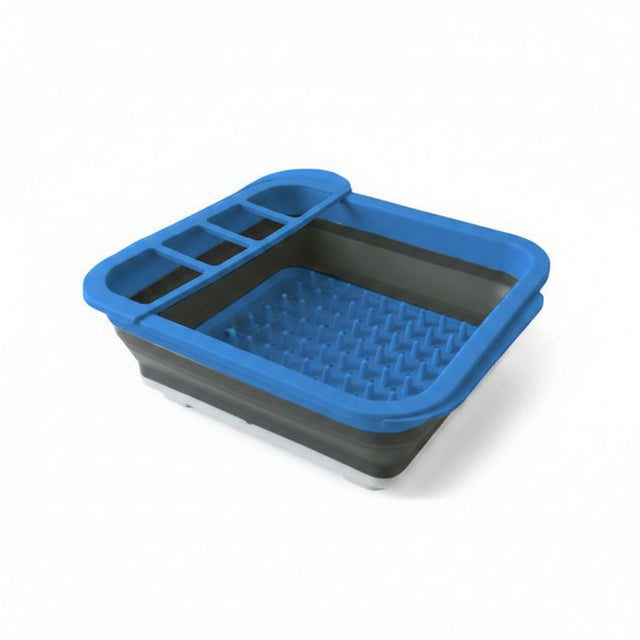 A collapsible sink drainer with blue accents and a gray body, displayed against a white background.