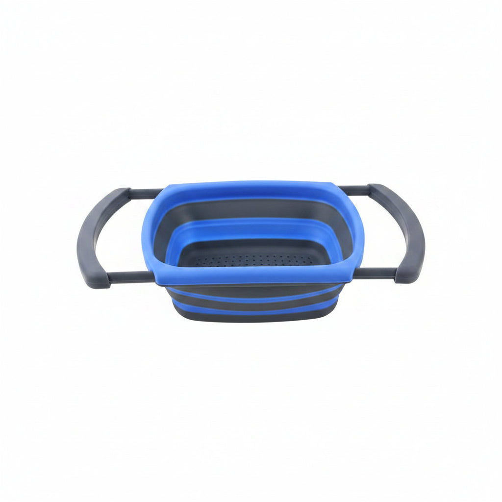 A collapsible sink colander in blue and gray colors, viewed from an angle that highlights its mesh structure and foldable frame.