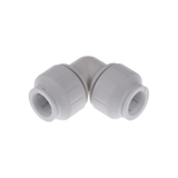 White plastic elbow fitting on a white background
