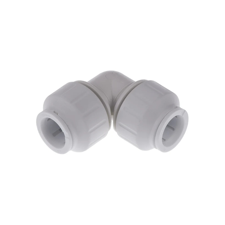 White plastic elbow fitting on a white background