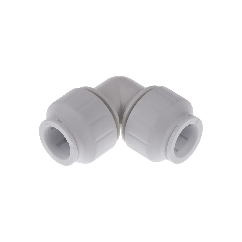White plastic elbow fitting on a white background
