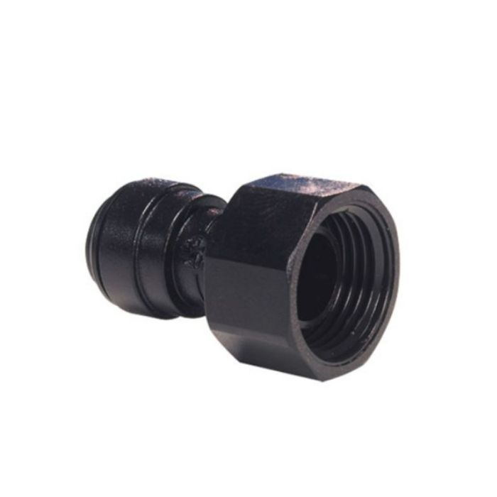 A black 12mm hose x 3/4 inch female BSP plumbing fitting.