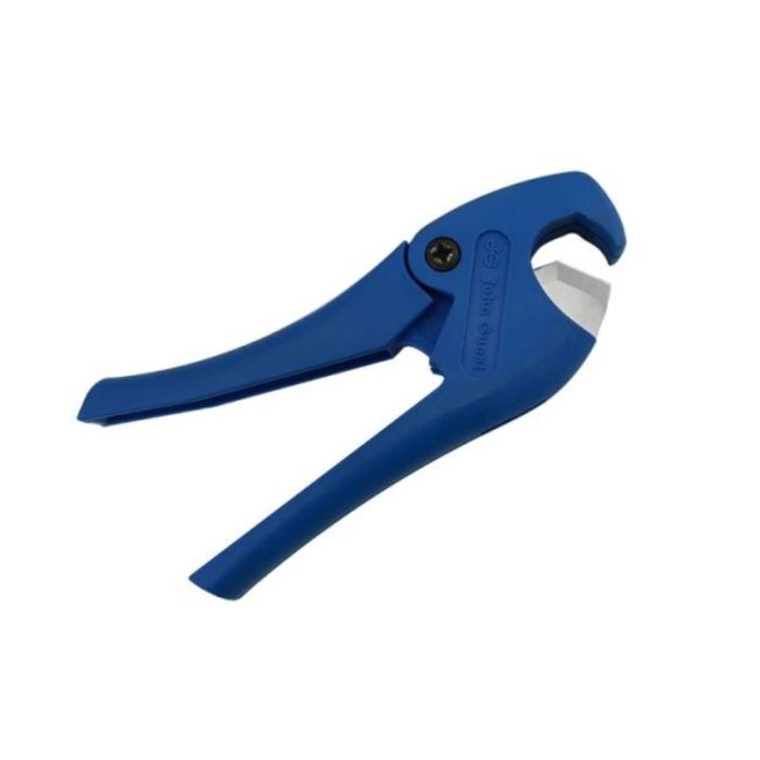 A blue plastic pipe cutter with a metal blade.