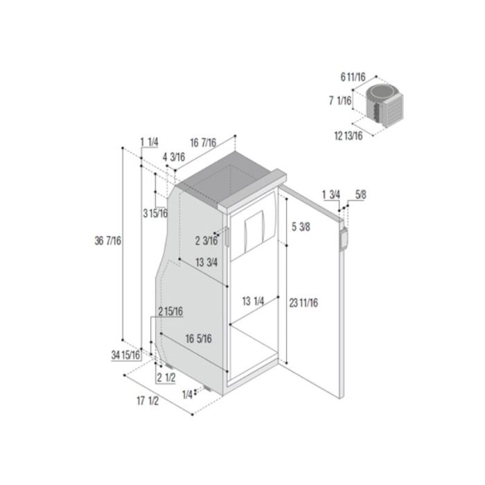 drawing of fridge and dimentisons