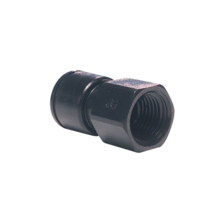 A black female adaptor for plumbing, with threaded connections.
