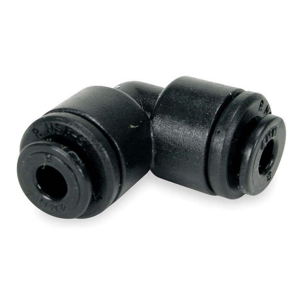 Black plastic elbow fitting on a white background