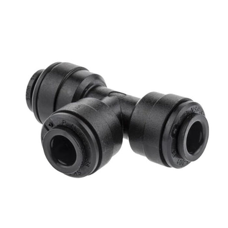 A black plastic tee plumbing fitting, used for connecting water or gas lines.